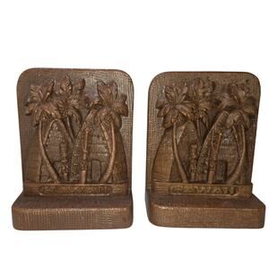 HIP Originals Hawaii Grass Shack Bookends Tiki Palm Tree Resin Pair Stamped VTG